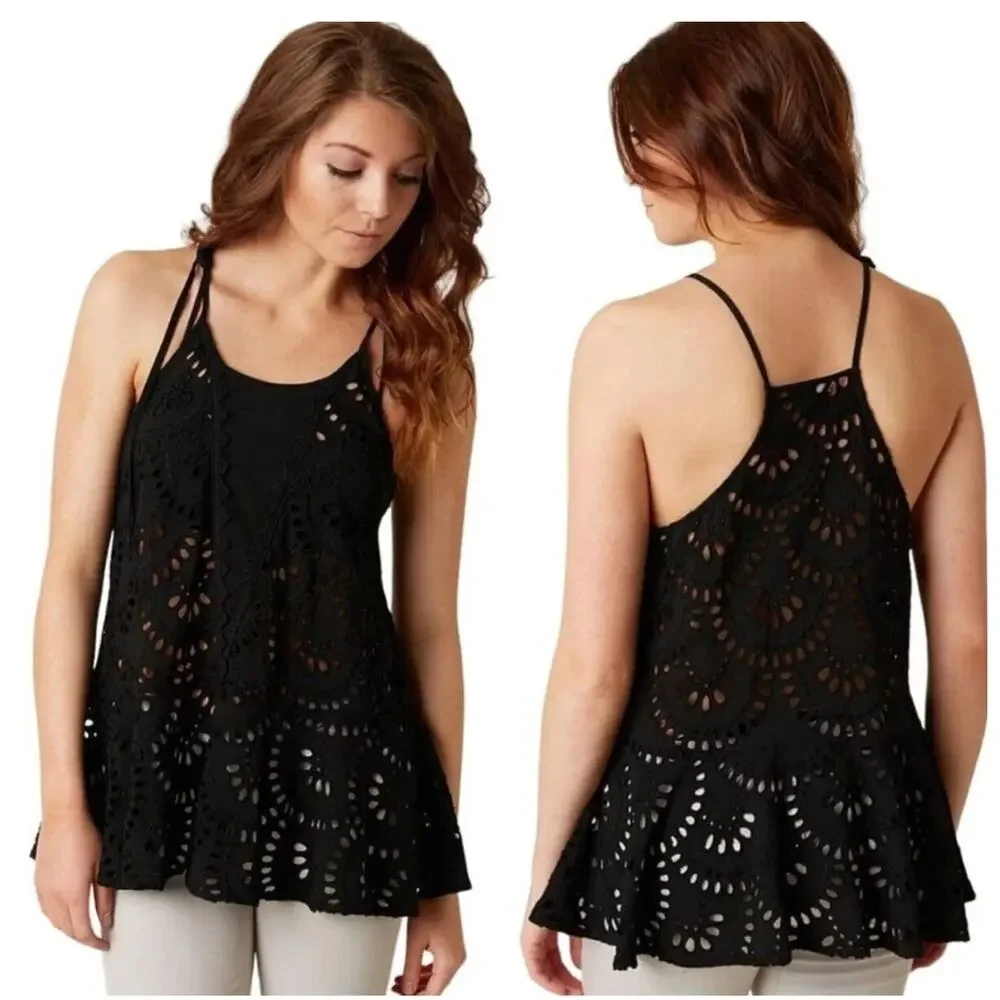 Free People Black Starry Eyelet Top